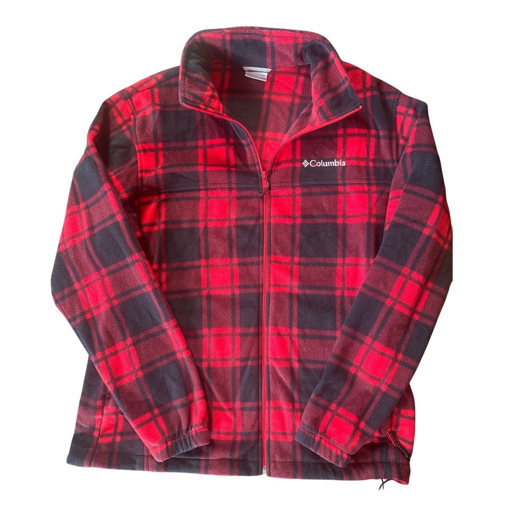 Columbia Fleece Jacket Mens L Red Black Plaid Full Zip Outdoor